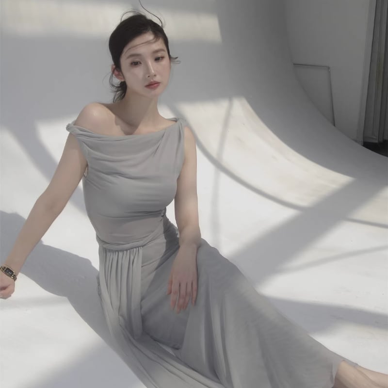 【dress】オフショルダーチュールロングワンピース Q8378