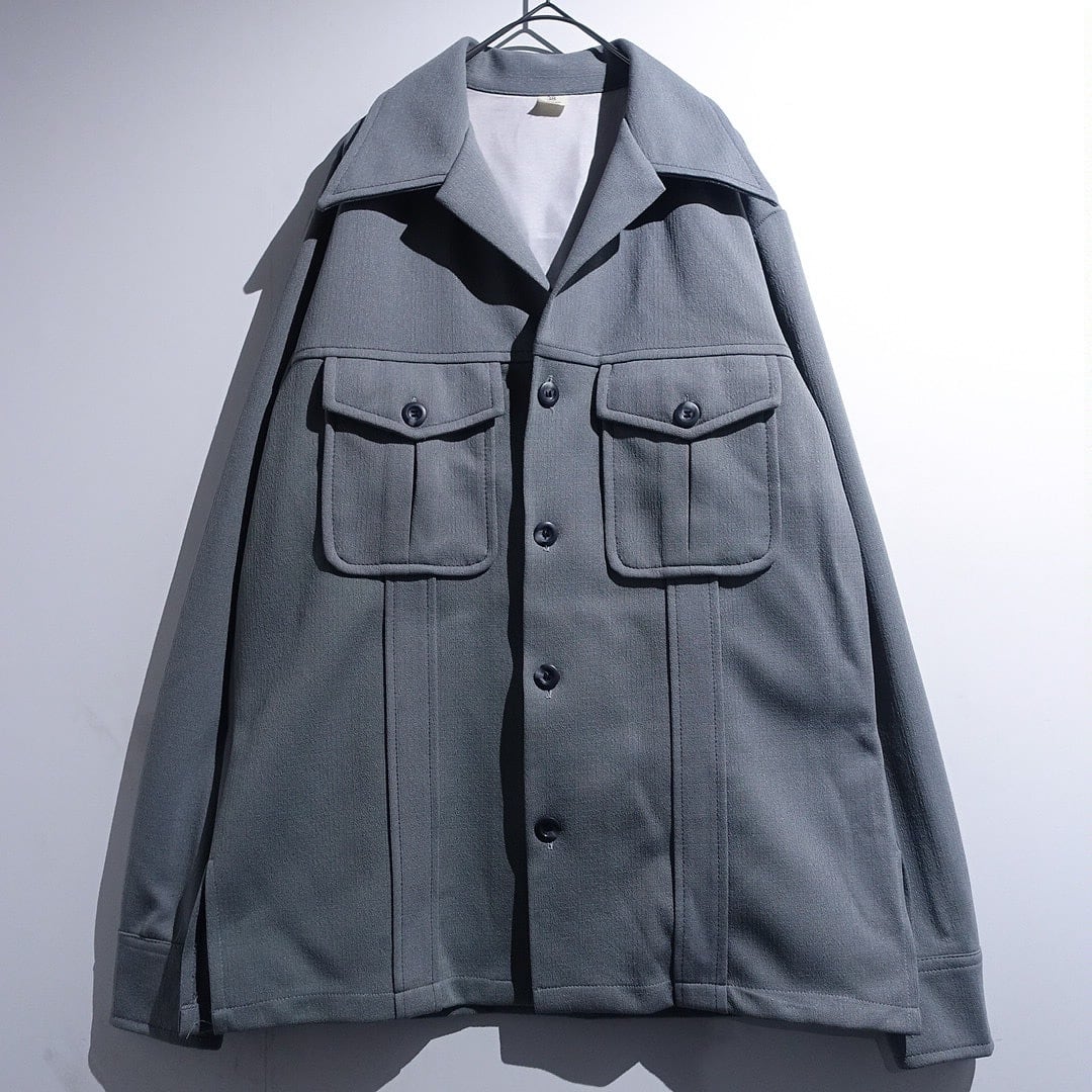 70s Grey Double Pocket Large collar Design Poly Jacket