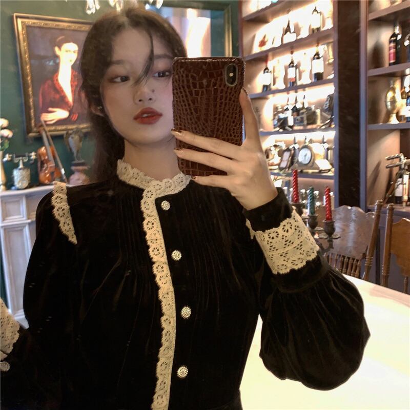 フレンチシャツ女性デザインセンスニッチレースステッチブラック長袖ベルベットシャツトップ2020秋冬新作 ブラックストロベリース51557625318