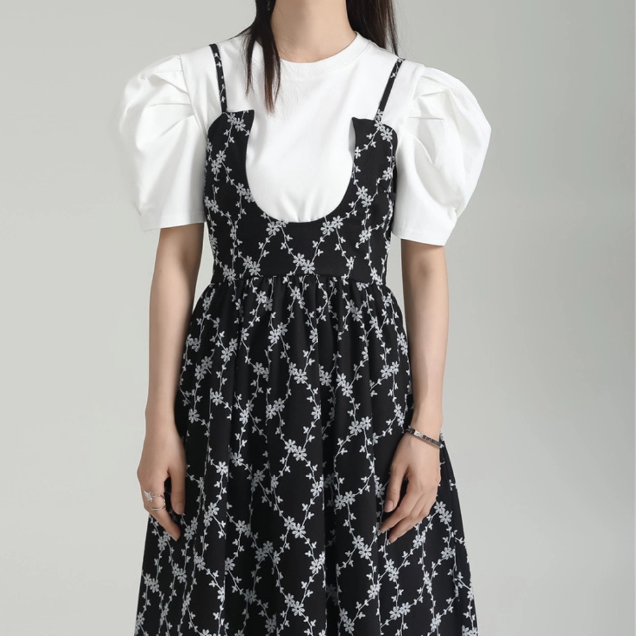 French floral print black full skirt dress (ME108)