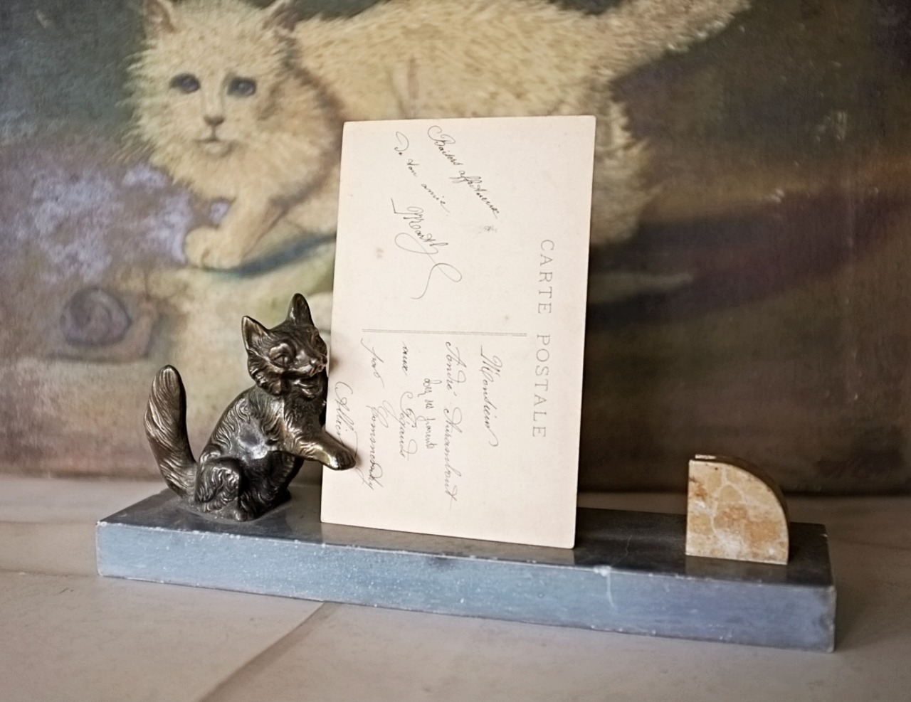 30s フランス アールデコ 笑う猫と大理石のフォトスタンドb  アンティーク