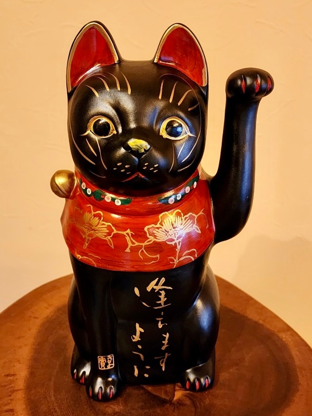 帝国ホテルプラザ東京「花道」記念　限定招き猫　大正猫　(黒・中) 「逢えますように・僕の声届いていますか」