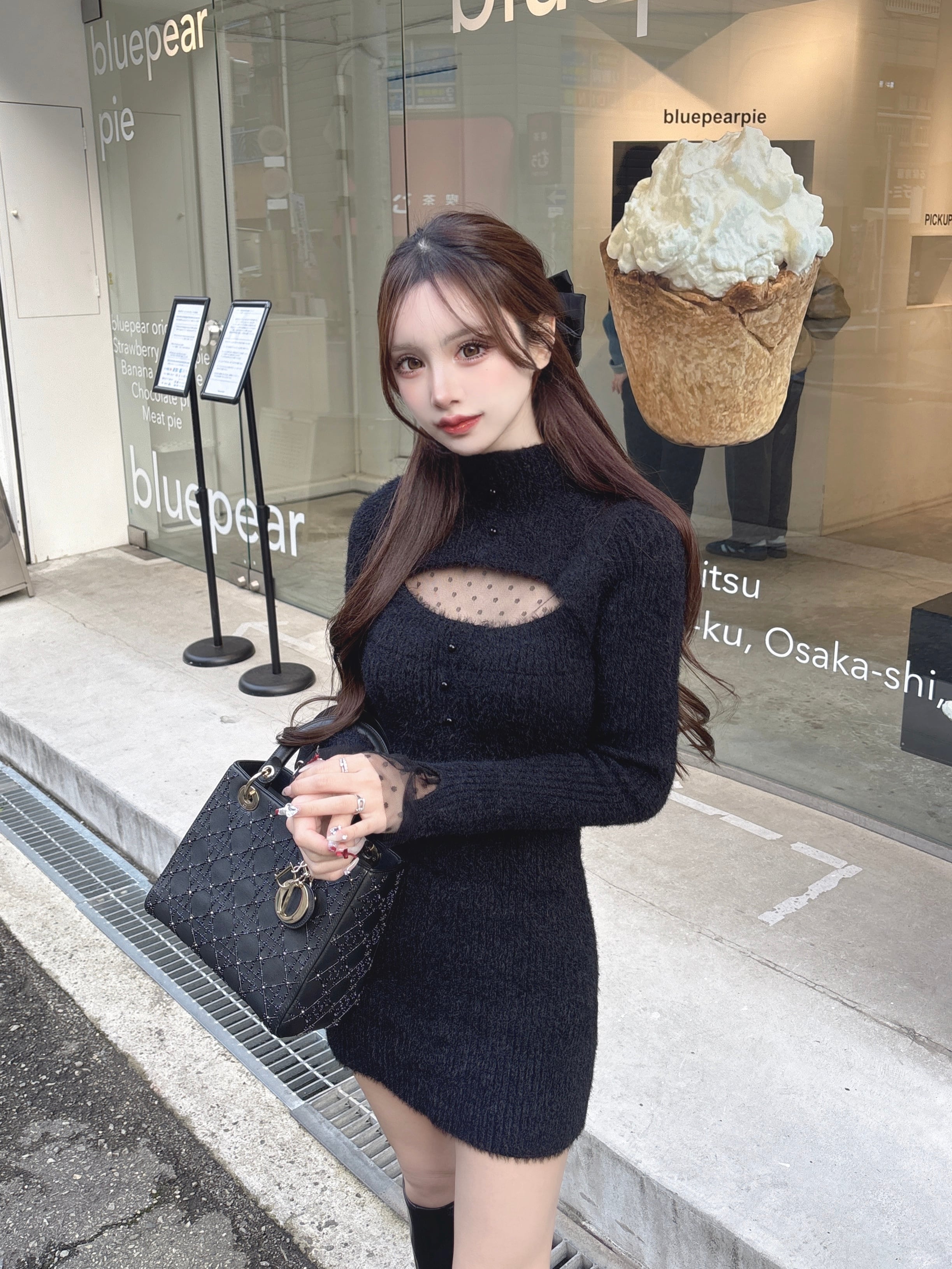 Lumignon original ♥ ribbon shoulder knit ensemble【ブラック