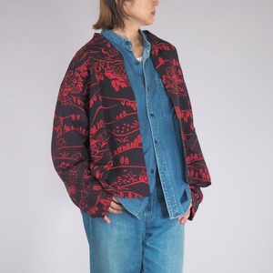 着物リメイク TanLan Jacket 長袖シャツメンズL マルベリー  レッド　手描き山村画　ユニセックス