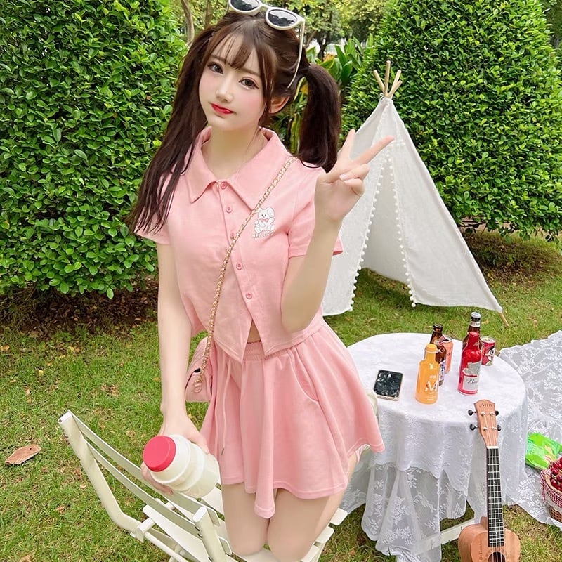 セットアップ】ピンク スクール 制服 可愛い 姫 ガーリー JK Tシャツ