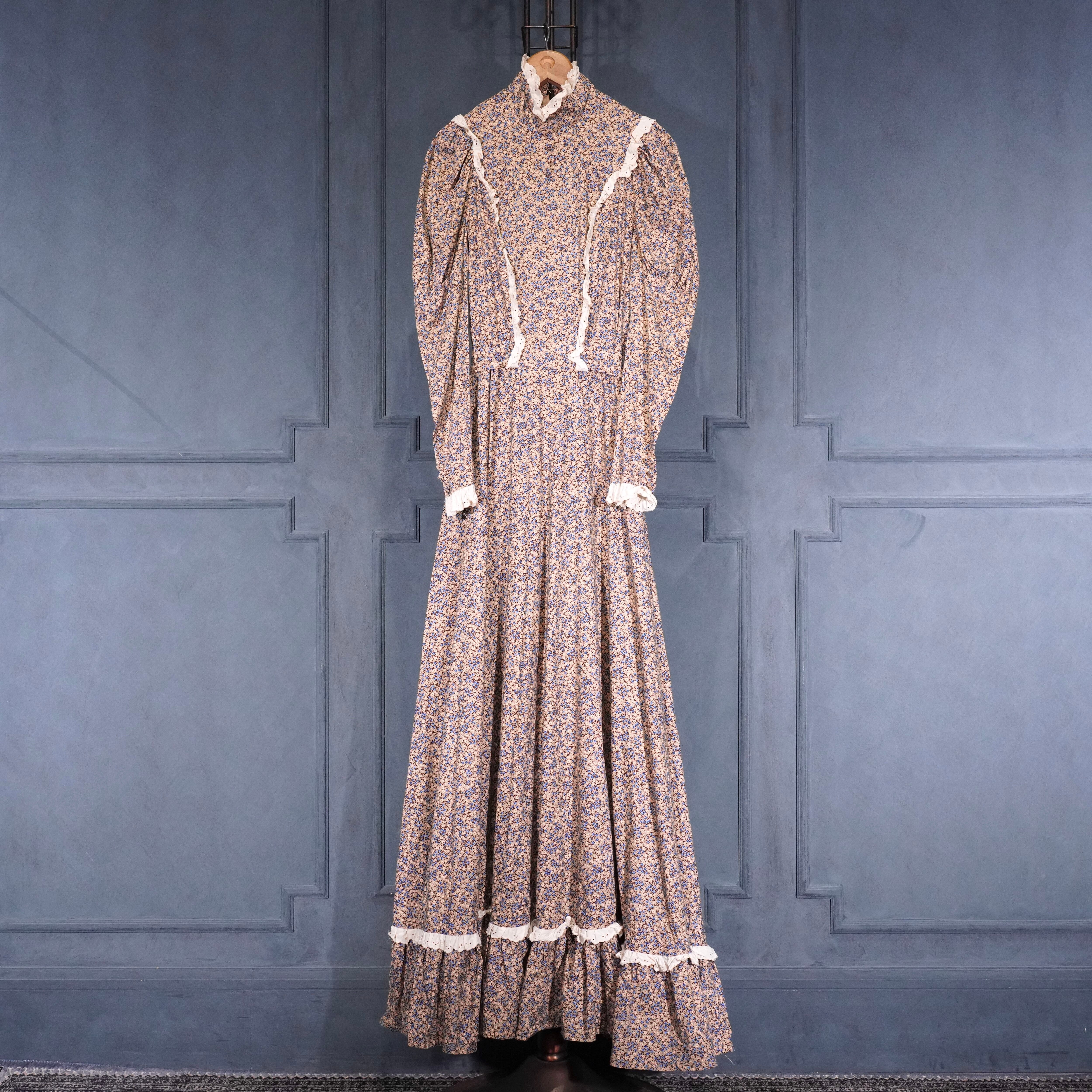 70's USA VINTAGE FLOWER PATTERNED LACE DESIGN COTTON DRESS ONE