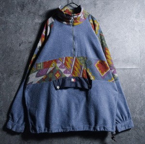 Multicolor Geometric Pattern Switching Design Fleece Anorak Parka