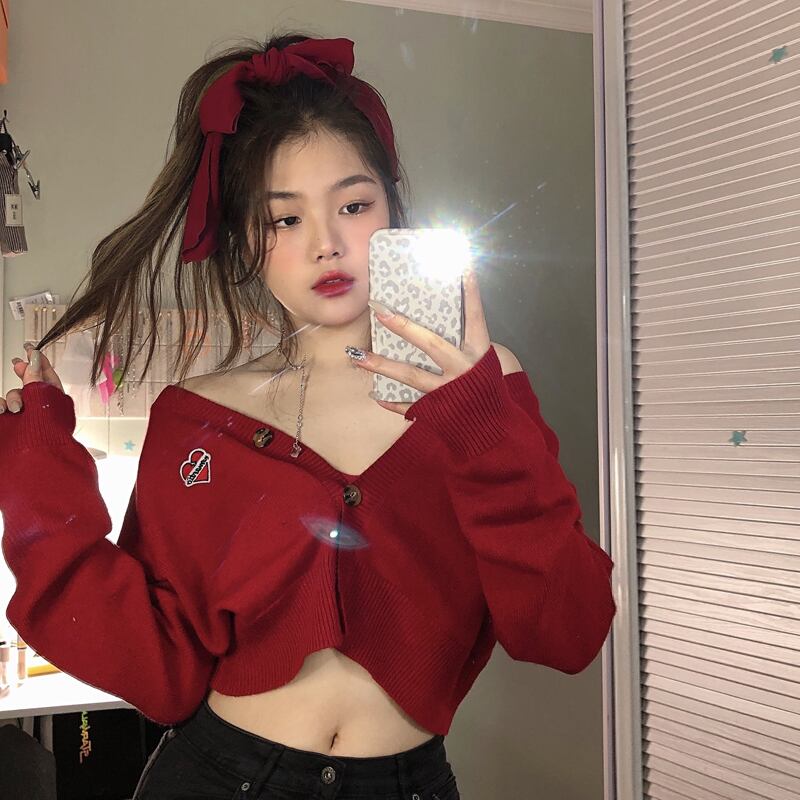 カーディガンセーター スプリングオータムルーズスタイルレッド 春物 秋物 スーパーモール99595135194