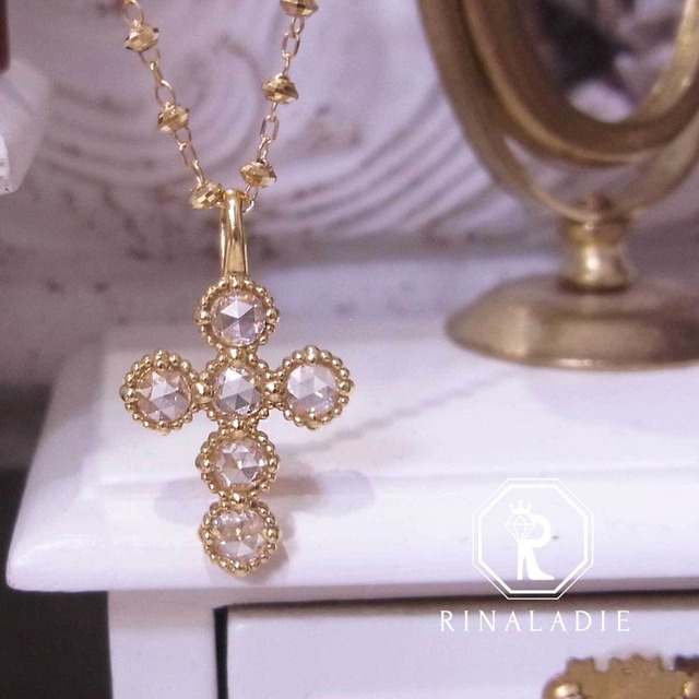 大特価K18YG天然ダイヤモンド★ローズカットミル打ちクロスネックレス