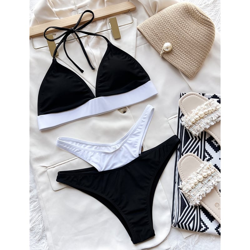 送料無料 黒と白のステッチビキニセット女性の水着セクシーなホルター