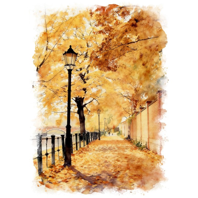 絵画 風景画(街並み) 秋 ドイツ ベルリンの紅葉 インテリアアート額付き 水彩画・油絵調 WAT0550