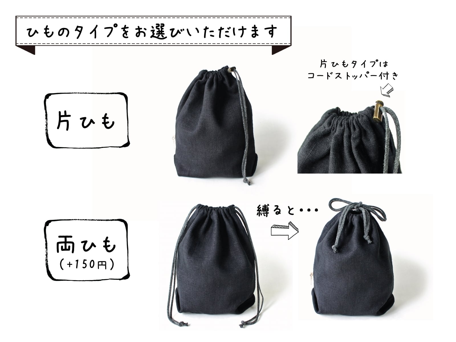 Kinchaku Basic M リネンキャンバス ブラック | アースカラーの巾着袋
