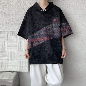 Contrast color stitching hooded short sleeve T-shirt(MT1233)