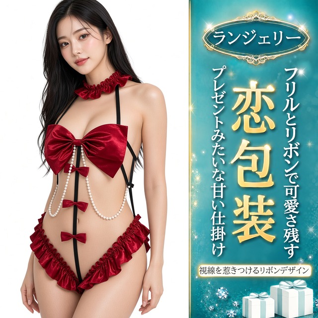 〔ランジェリー〕視線を誘うリボン×パールデザイン｜レッドフリルのボディスーツ風セット