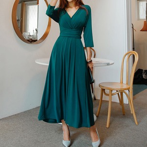 バックリボン カシュクールロング丈七分袖ワンピース G0446