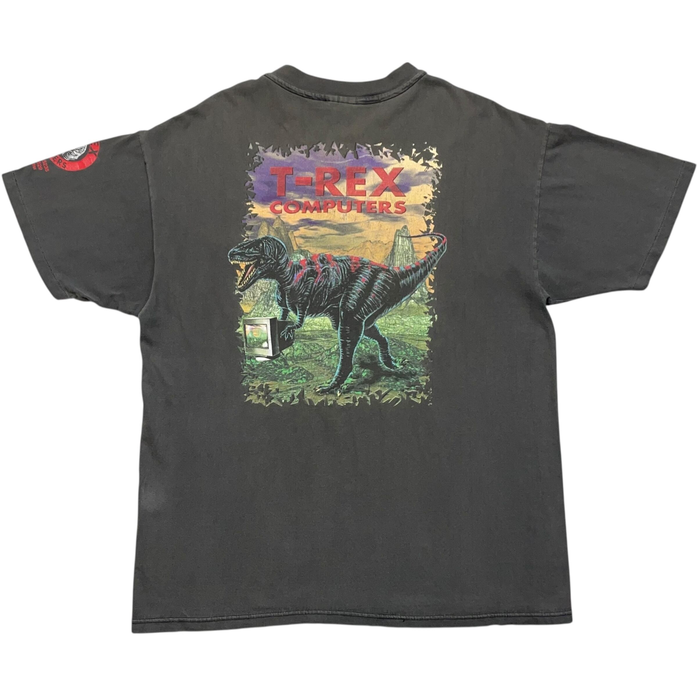 《XL》Hanes ヘインズ 企業Tシャツ 両面プリント 袖プリント 胸ポケット T-REX COMPUTERS グレー シングルステッチ USA製 90年代 vintage no.8536