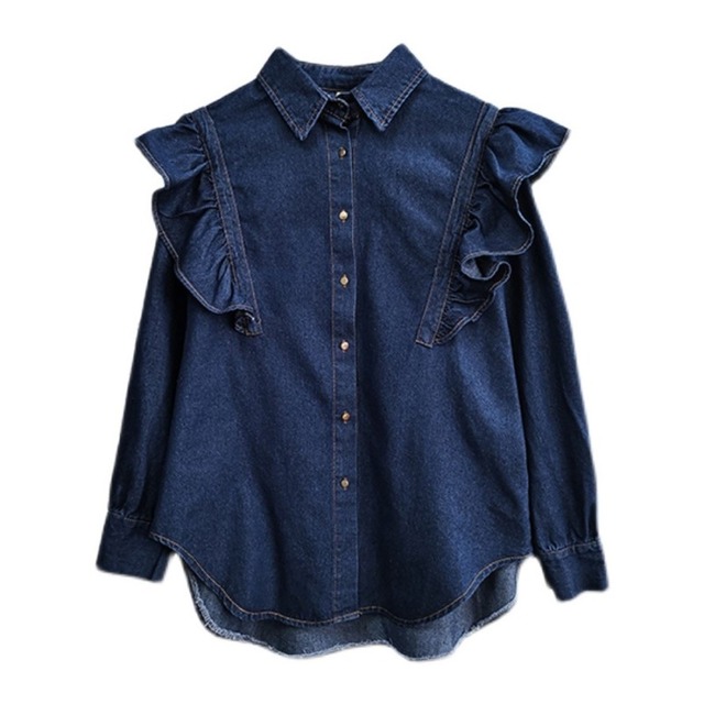 Frill design shoulder cotton denim shirt A018