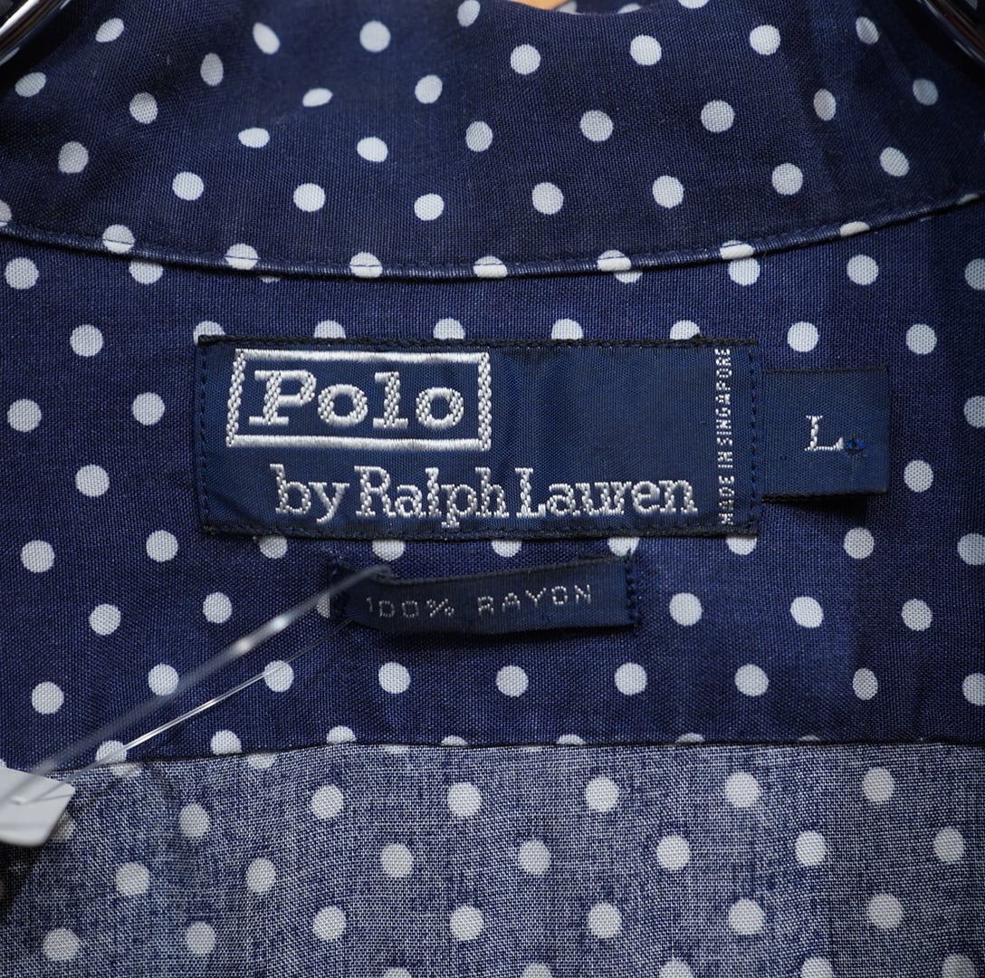 90s ralphlauren ドット 水玉 開襟シャツ L/ネイビー オープンカラー