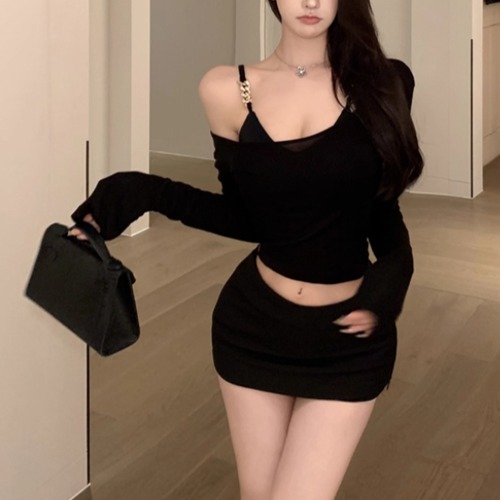 【2点セット】チェーンストラップキャミ＋オフショルトップス ・12110