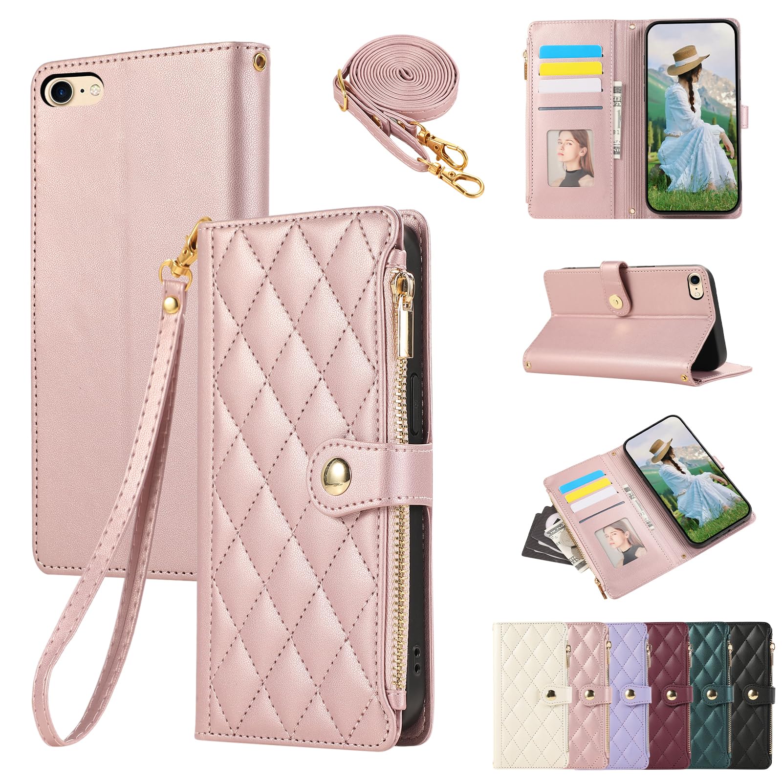 Yuotky for iPhone SE 第3世代 ケース 手帳型 通用 iPhone SE2, iPhone 6/7/8 カバー 対応 iPhone SE3 ケース ショルダー ひし形柄アイフォン SE カバー 肩掛け 人気 女性 カード収納 ジップ付き財布 横置き機能 シンプル お洒落 スマホケース (ローズピンク)