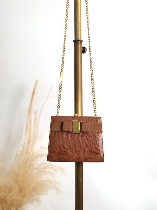 Salvatore Ferragamo サルヴァトーレ フェラガモ ショルダーバッグ ブラウン ヴァラリボン レザー型押し リザード チェーン vintage ヴィンテージ オールド i66575