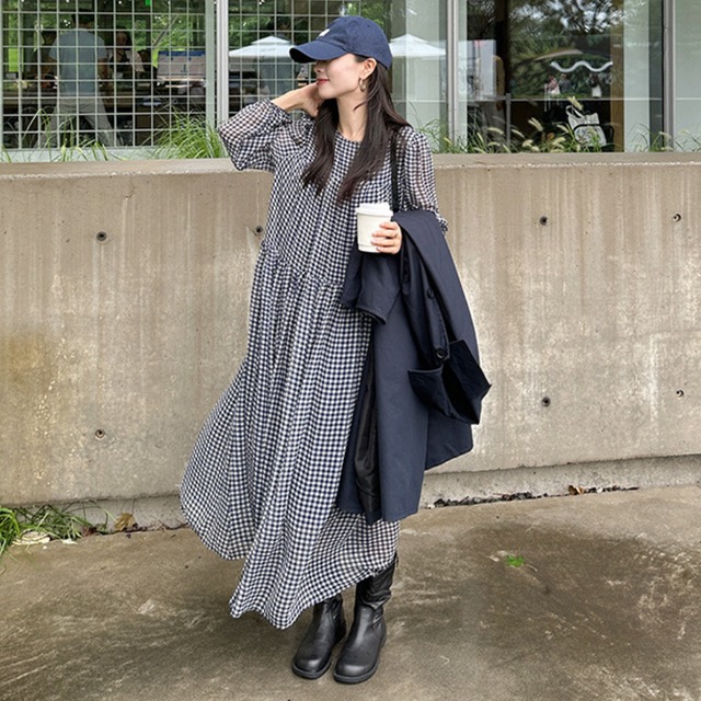 gathered check long one-piece　J00225