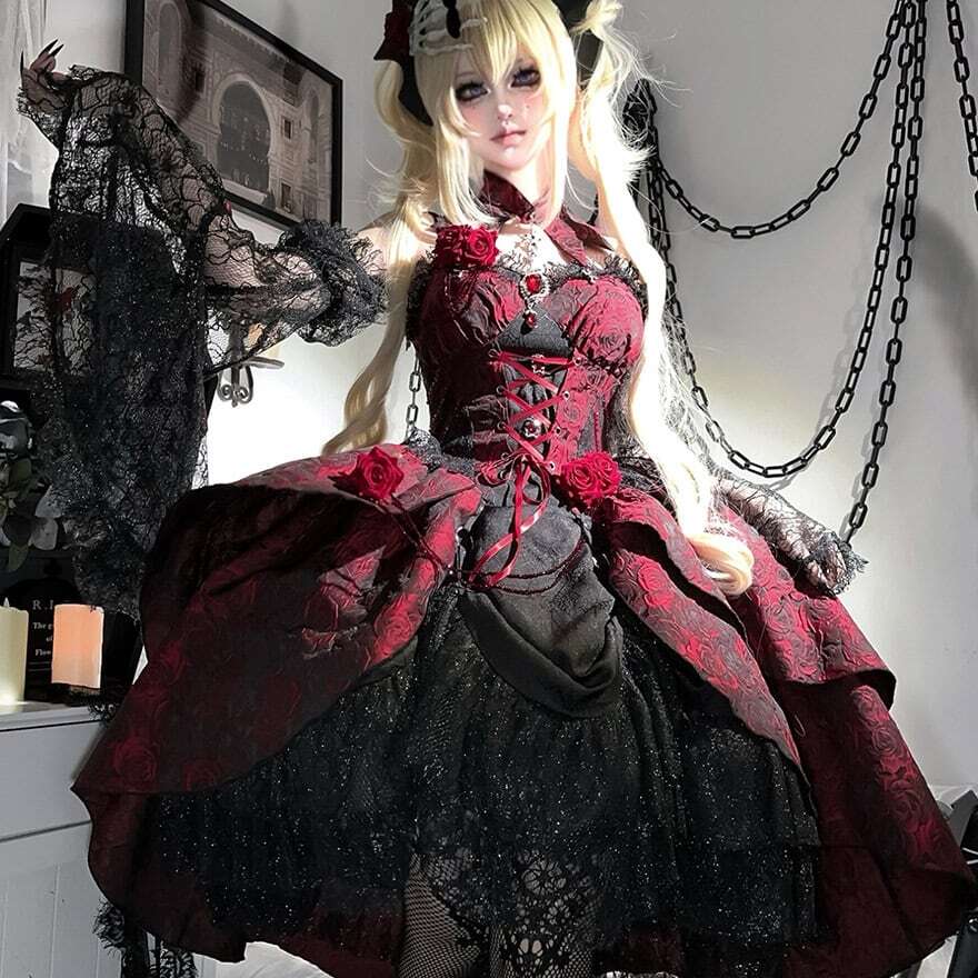ゴスロリ・ロリータドレス ゴシック風 小悪魔 地雷系 姫袖薔薇付き 黒と赤の花柄 ロリータファッション 深紅の薔薇レースゴスロリロングワンピース