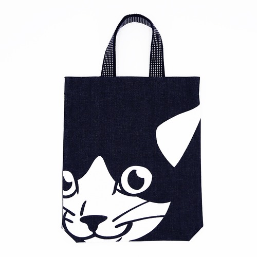 猫トートバッグ(デカ顔インディゴマチ付バッグ)ねこ顔