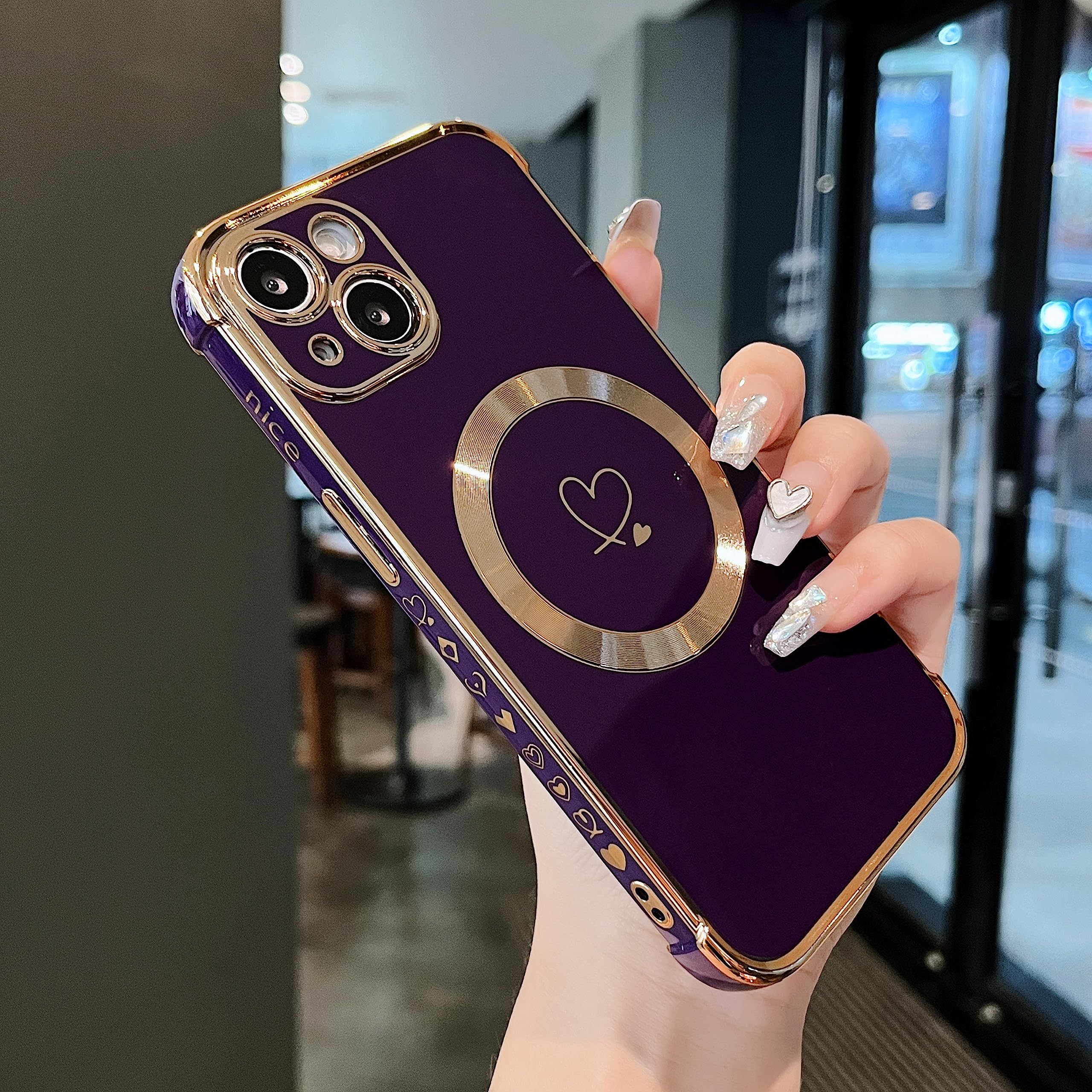 ZTOFERA iPhone 14 用 ケース MagSafe対応 マグネット搭載 ケース 韓国 可愛い ハート おしゃれ 人気 スマホケース 軽量 女性 柔らかい TPU カバー 落下防止 耐衝撃 マグセーフ対応 ワイアレス充電対応 磁気ケース (ダークバイオレット)