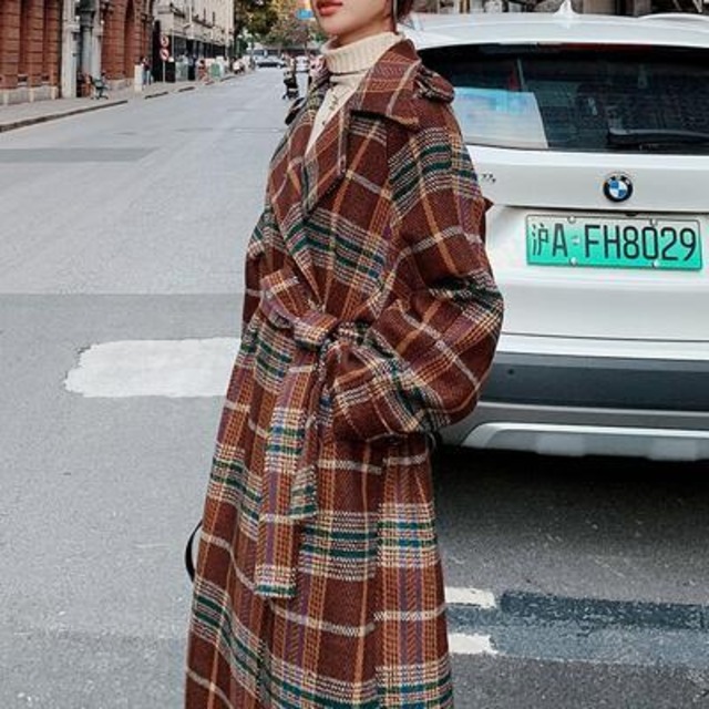 全2色 大きいサイズ チェスターコート アウター レディース ロングコート ジャケット きれいめ カジュアル 長袖 ロング丈 コート お洒落 チェック柄 可愛い レトロ クラシカル ゆったり オーバーサイズ 韓国 ブラウン グリーン 緑 春 秋 冬 代 30代 40代 50代 Like