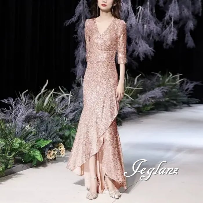 2色 イブニングドレス フィッシュテール スパンコール 7分袖 ♪(MA442)ζ