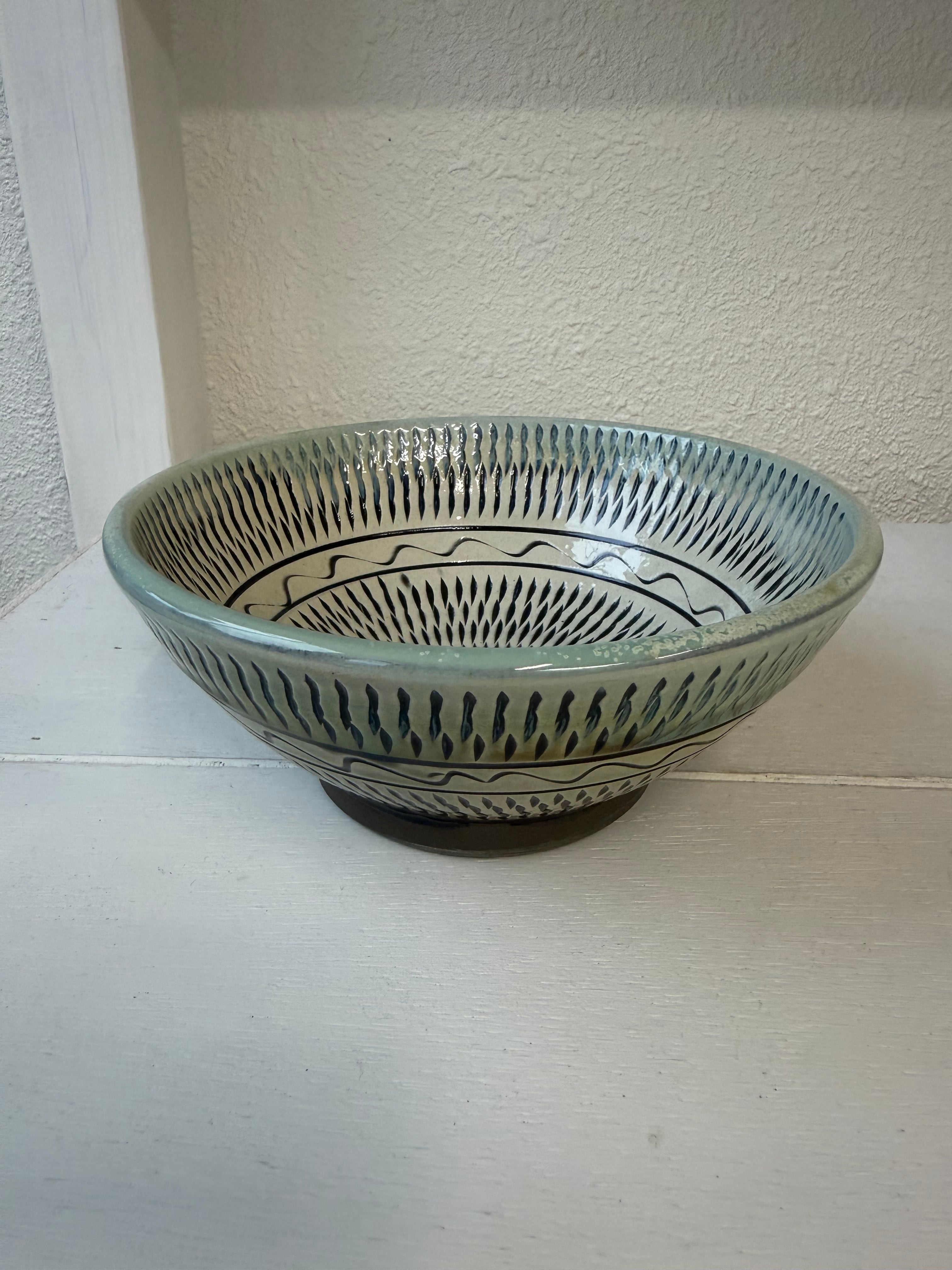 小鹿田焼 小袋道明窯 5寸 納豆鉢 青 飛び鉋/櫛引