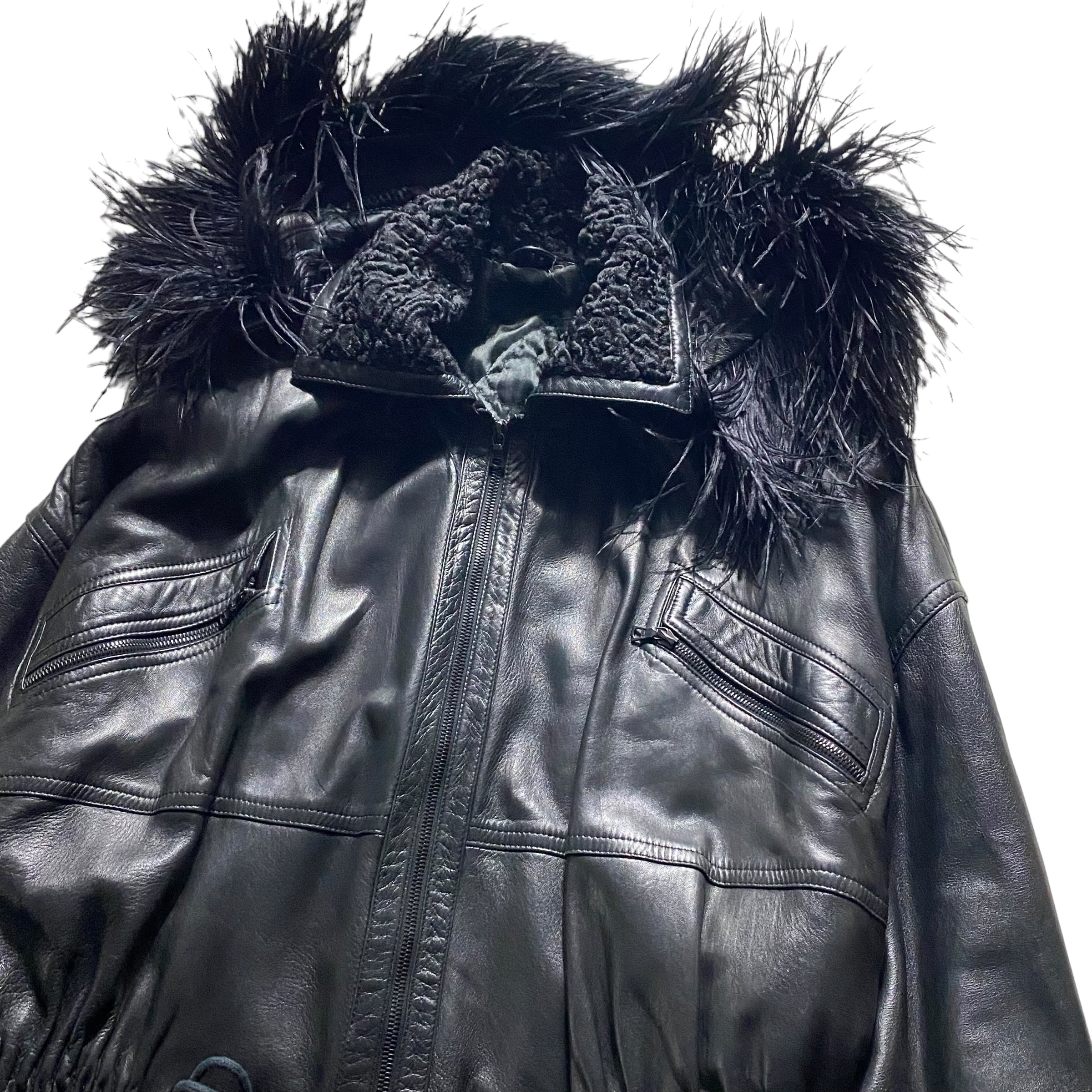 archive GIANNI VERSACE black leather coat with removable feather