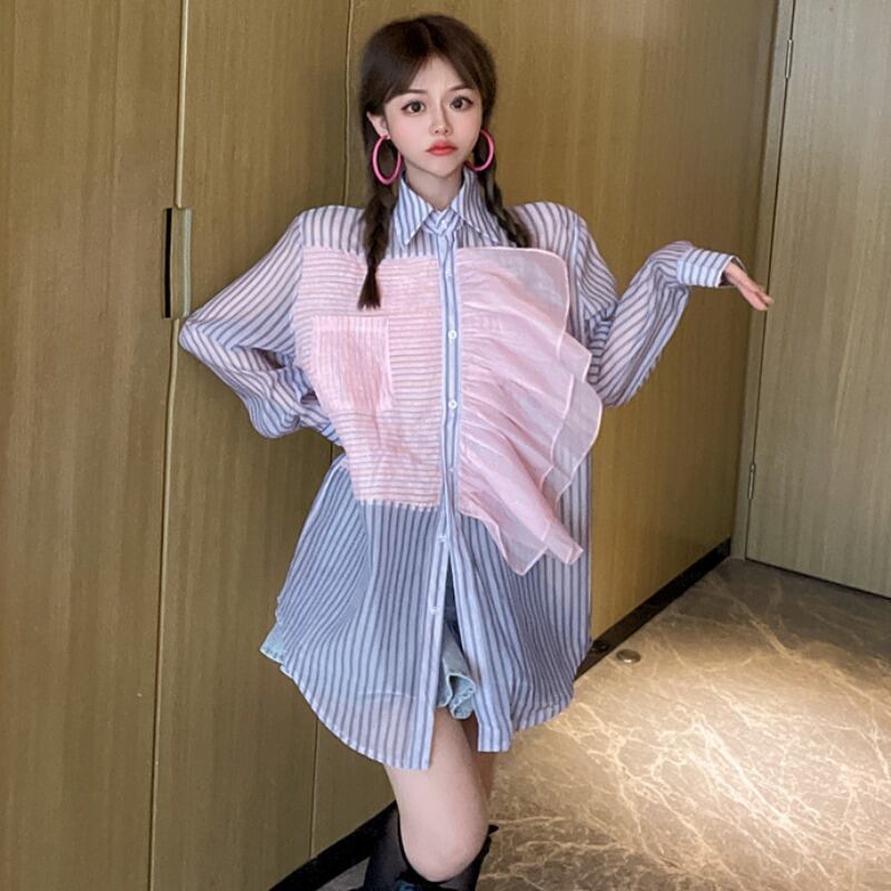 スタイルスタンダードシャツ オータムストライプブラウス ロング レトロ 秋物 ハンチェンe65024994730