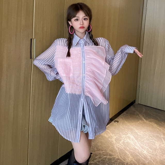 スタイルスタンダードシャツ オータムストライプブラウス ロング レトロ 秋物 ハンチェンe65024994730