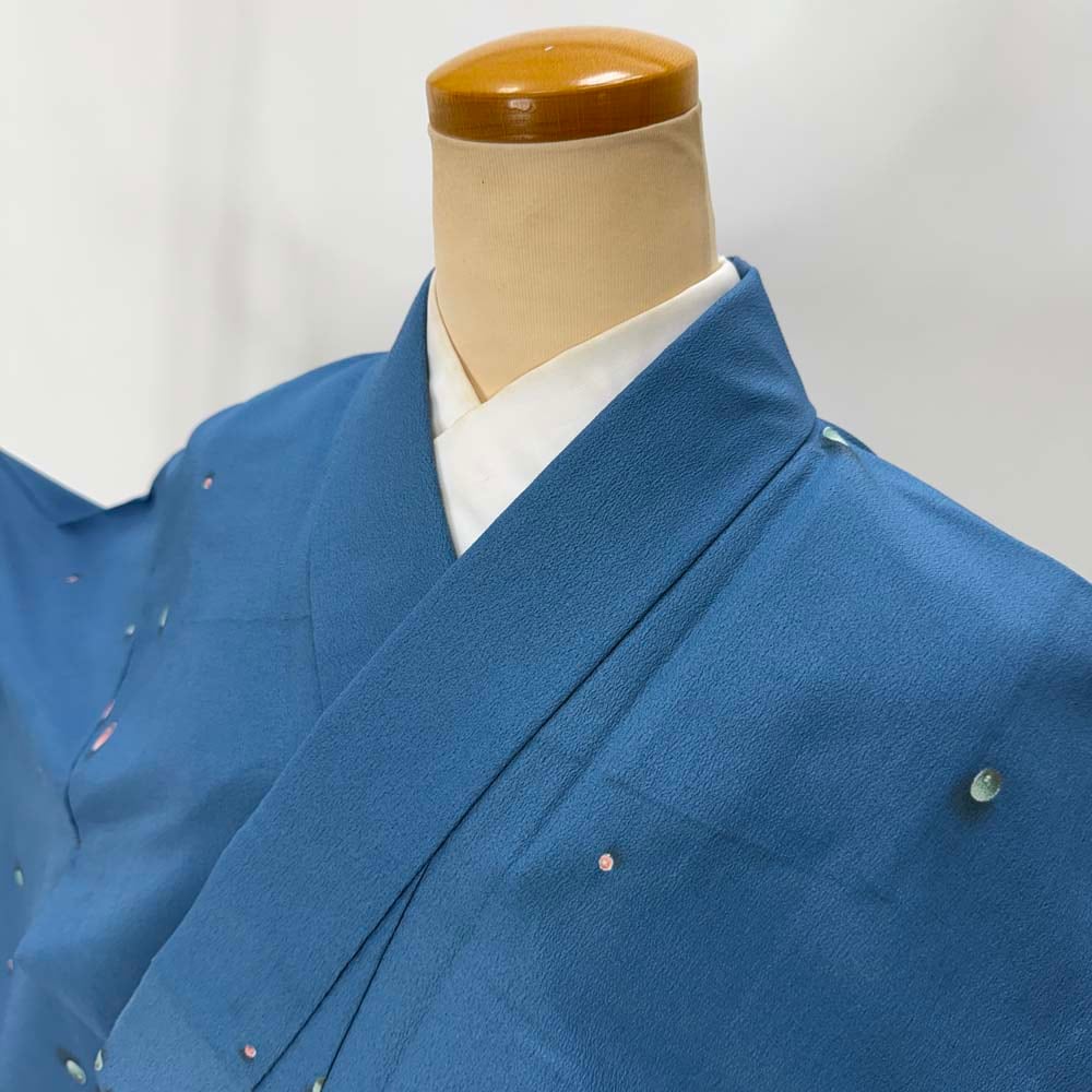 小紋 単衣 洗える着物 裄63.8cm 身丈157cm 花柄 お洒落着 普段着 ポリエステル 青 美品 S サイズ 4617