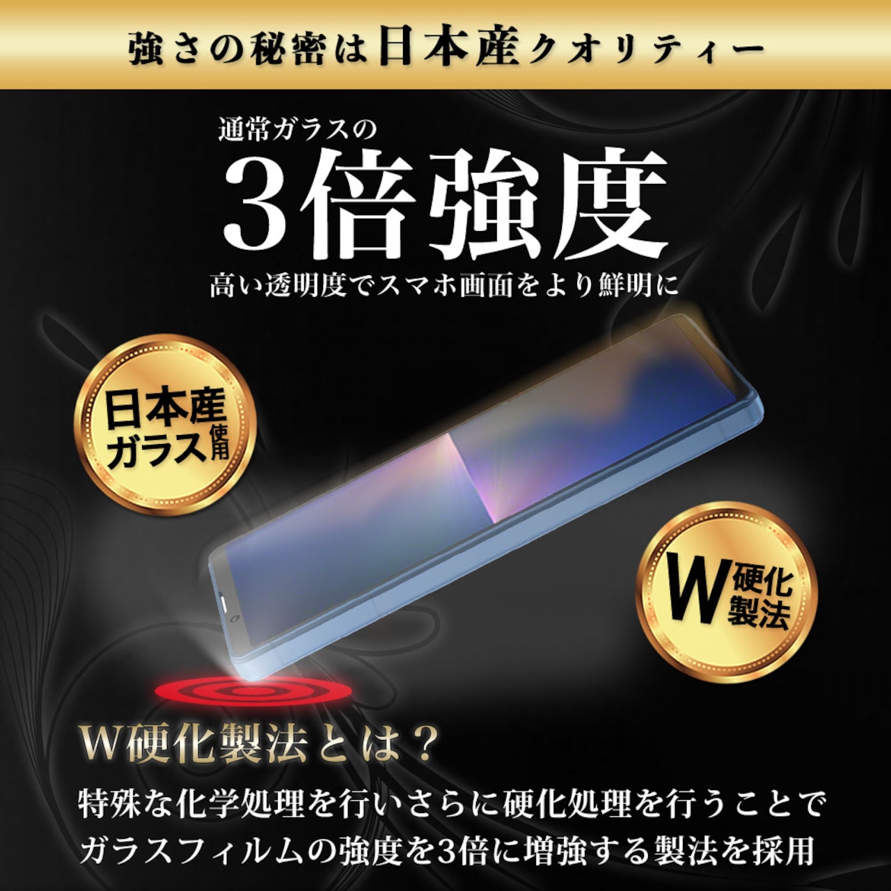 Hy+ Xperia5 V フィルム SO-53D SOG12 ガラスフィルム W硬化製法 一般ガラスの3倍強度 全面保護 全面吸着 日本産ガラス使用 厚み0.33mm ブラック