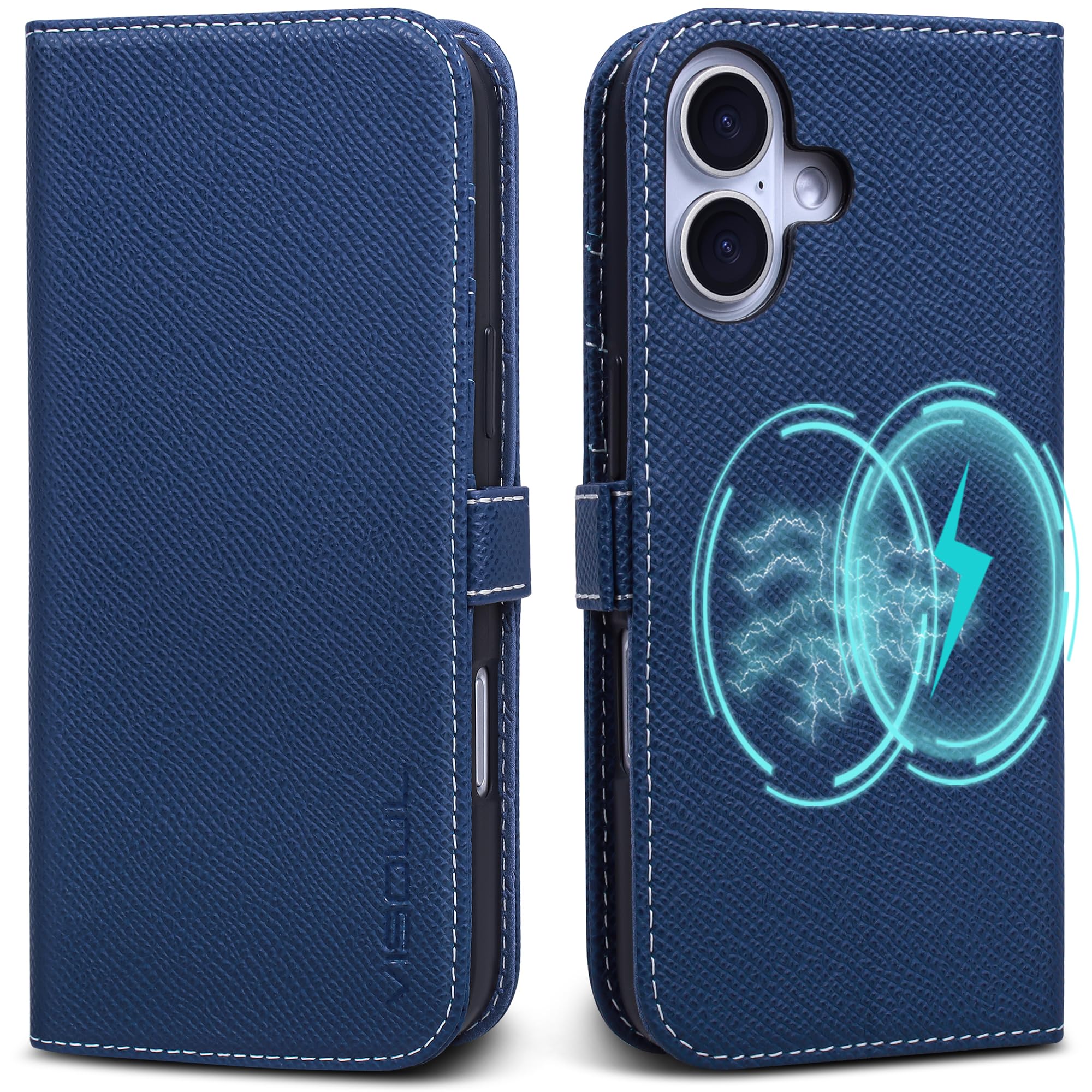 VISOUL iPhone16 対応ケース 手帳型 本革 アイフォン16 手帳ケース MagSafe対応 スマホケース サイドマグネット型 横置きスタンド 携帯ケース レザーケース カード収納 全面保護 柔軟なTPU素材 アイホン16 ネイビー