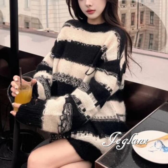 ニット セーター ボーダー ダメージ ルーズ ユニセックス 韓国(MD862)★ δ