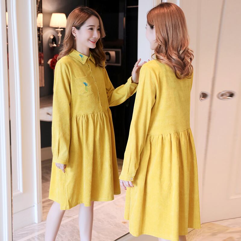 【新作】【送料無料】 5021＃マタニティドレス春秋刺繡長袖イージーマッチングターンダウンカラードレス妊婦ママドレス ロング 刺繍 スプリング 春物 オータム 秋物 AL expec349277076704