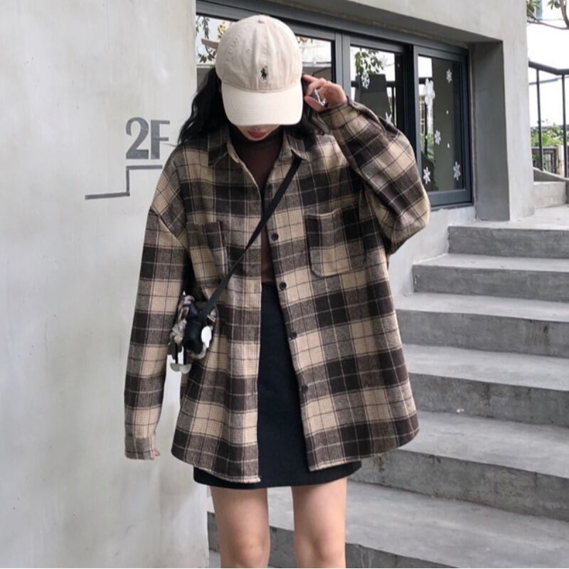 スタンダード格子柄シャツ オータム薄手ジャケット トップス ロング レトロ 秋物 萌量不足8569521294
