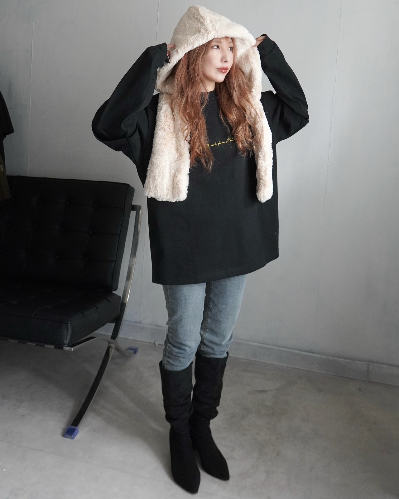【HIDE AND SEEK 24-25NEW/REVAIVAL】Patch layered designロンTスウェット／ブラック