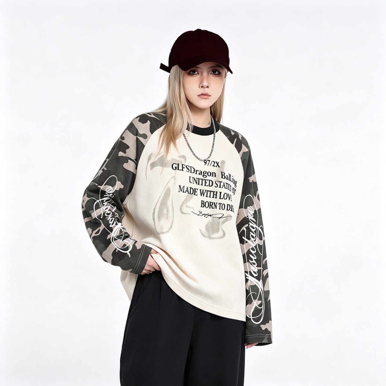 VINTAGE ストリート カモスリーブ ワッフルロングTシャツ T2230