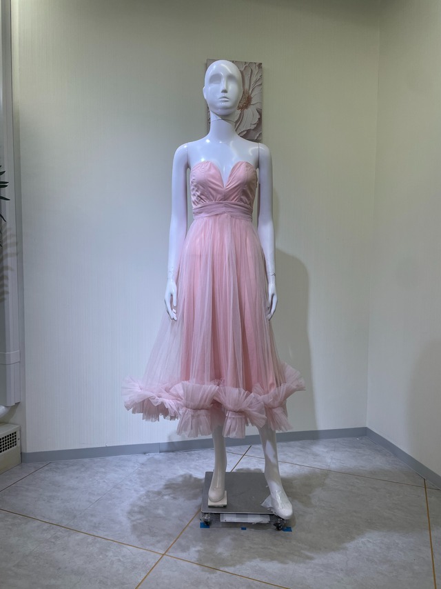 【新品DRESS 4331】チュール 裾ボリュームフリル ベアトップ ピンク フレア ミディアムドレス ミディドレス インポートドレス 海外ドレス【LACE&BEADS】