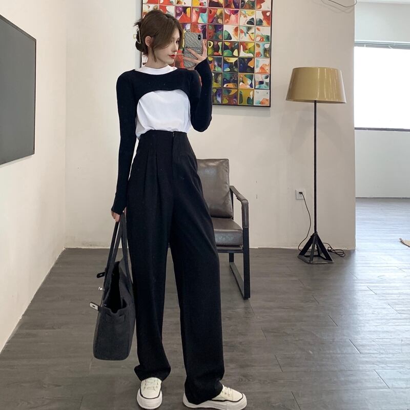 ラウンドネックショートスリムブラック長袖ニットセータートップレディース2020秋新作スタイルのeignセーターブラウス ブラックストロベリース5560781814