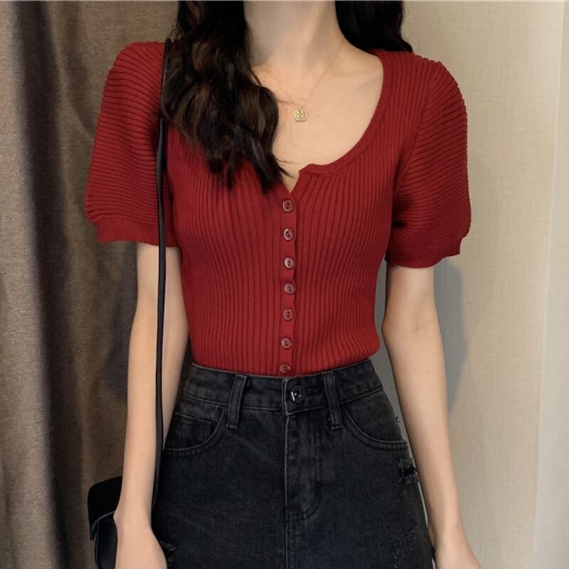 サマースタイルスリムソリッド カラーニットトップス レディース 夏物 ソリッドカラー ハンチェンe37611075441