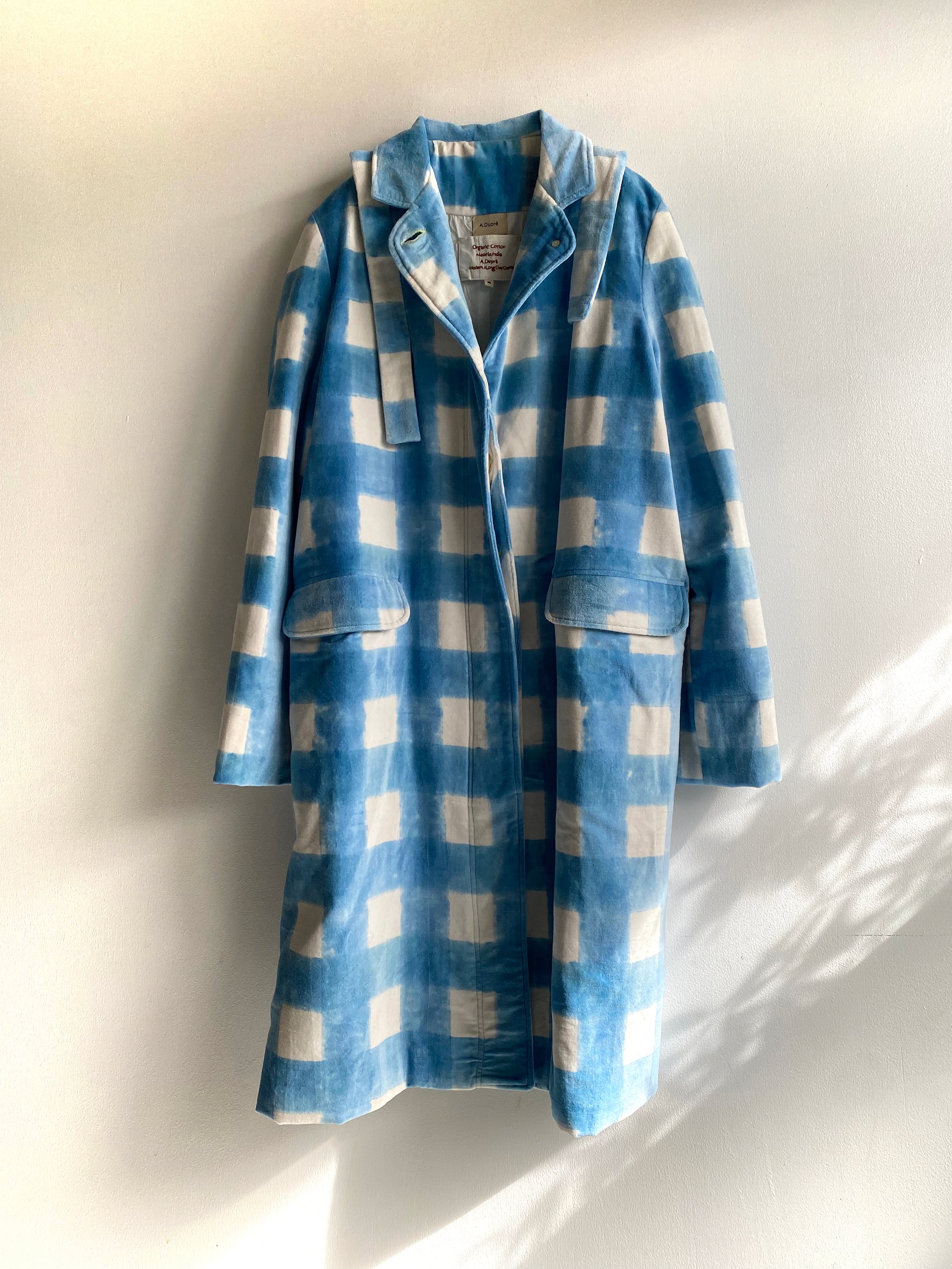 Two style sleeve coat "block print big size gingham check blue" cotton velvet