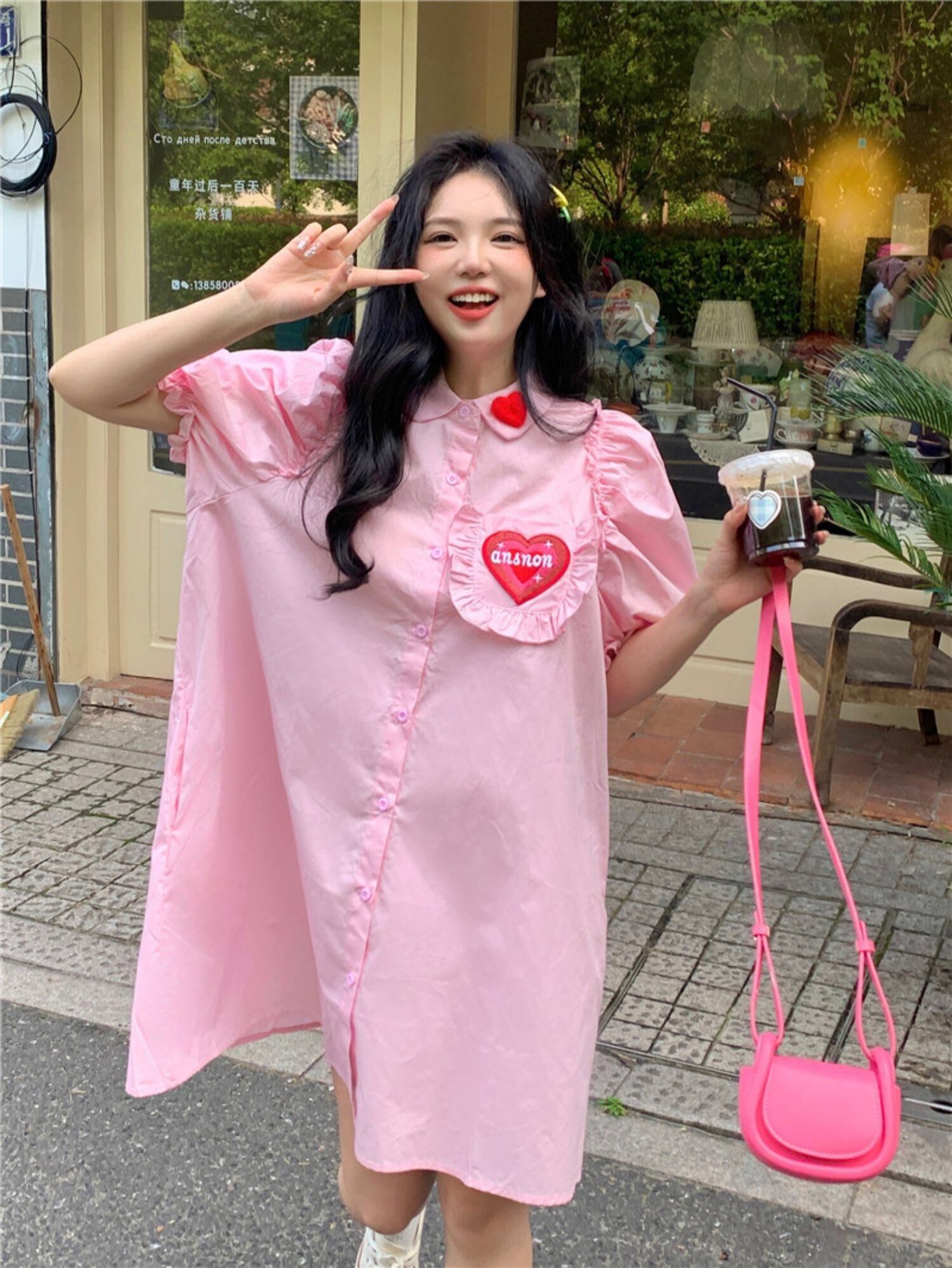 ワンピース ピンク シャツ 白 赤 ハート ワンピース ピンク 柄 花柄