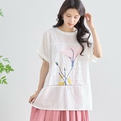 TRUBE レース＆フラワープリントチュニック風Tシャツ【L~LL】ホワイト