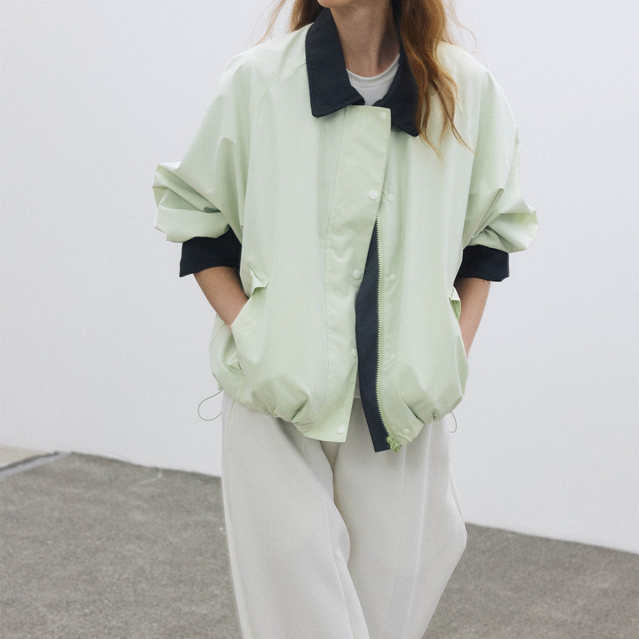 Bicolor Switch Drop Shoulder Stand Collar Blouson【3color】 T3517